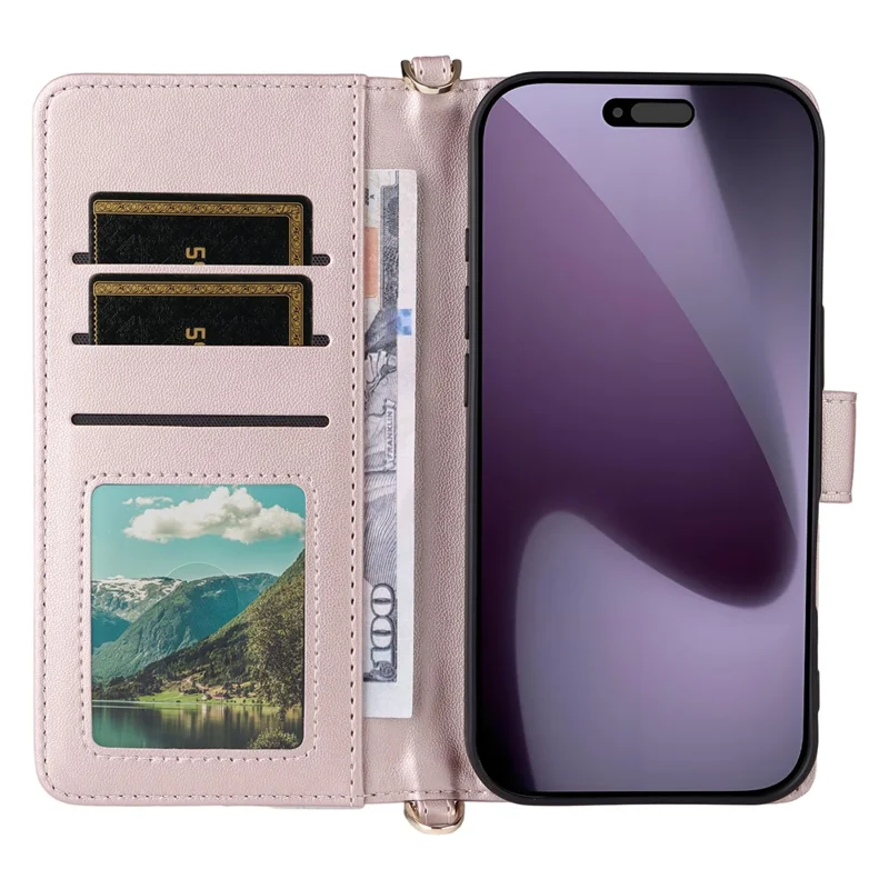 For iPhone 18 Pro / 17 Pro Case with Shoulder  /  Wrist Strap Leather Phone Cover Stand Wallet - Pink