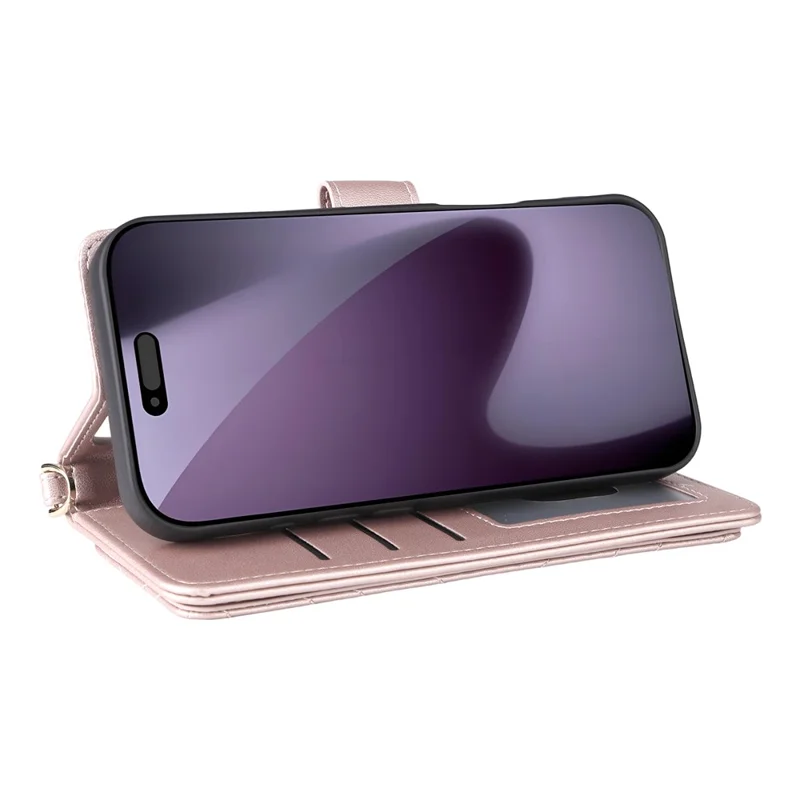 For iPhone 18 Pro / 17 Pro Case with Shoulder  /  Wrist Strap Leather Phone Cover Stand Wallet - Pink