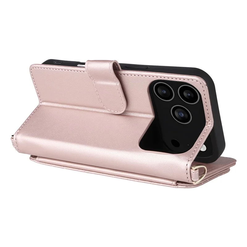 For iPhone 18 Pro / 17 Pro Case with Shoulder  /  Wrist Strap Leather Phone Cover Stand Wallet - Pink