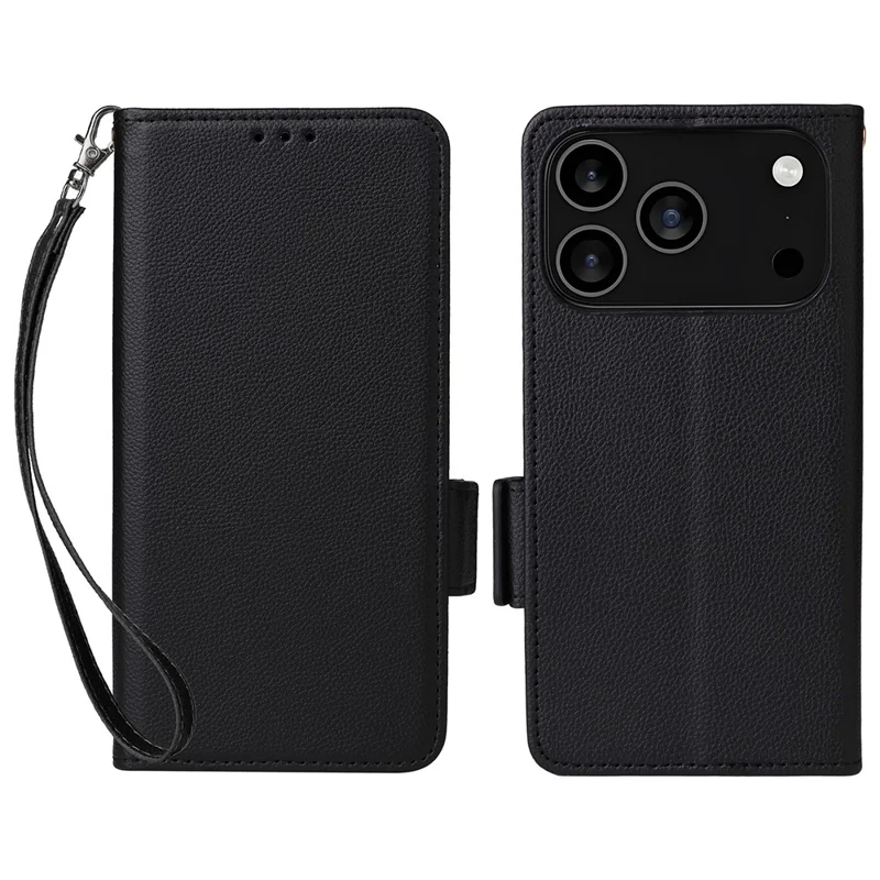 For iPhone 18 Pro / 17 Pro Case with Wrist Strap Litchi Texture PU Leather Wallet Phone Cover - Black