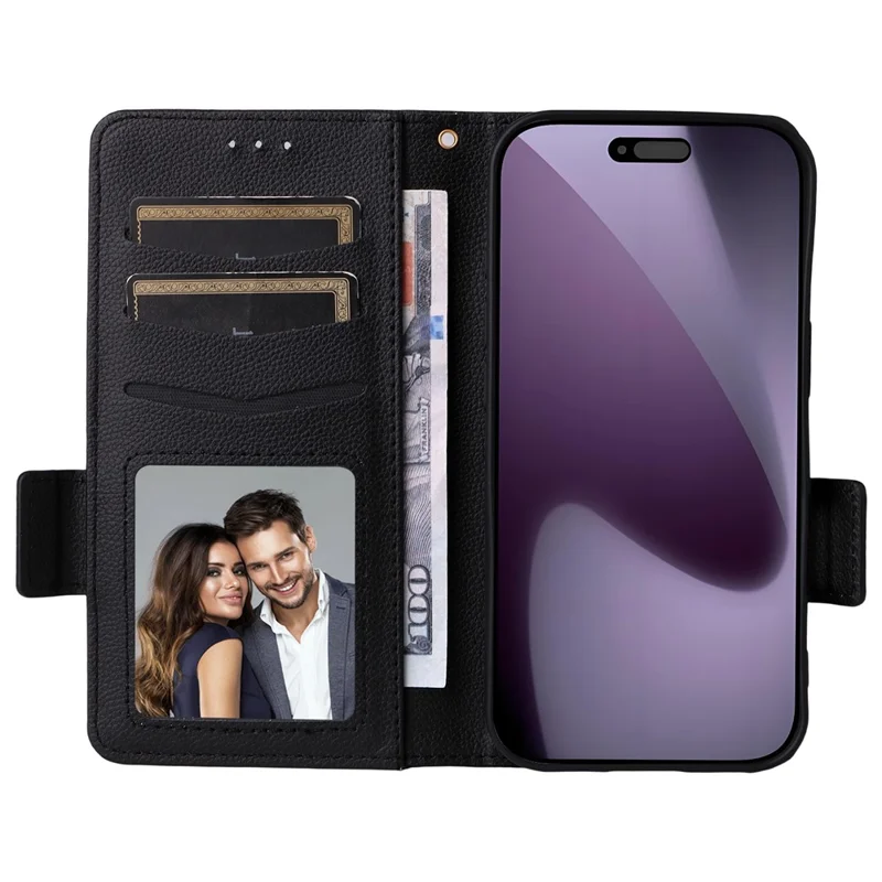 For iPhone 18 Pro / 17 Pro Case with Wrist Strap Litchi Texture PU Leather Wallet Phone Cover - Black