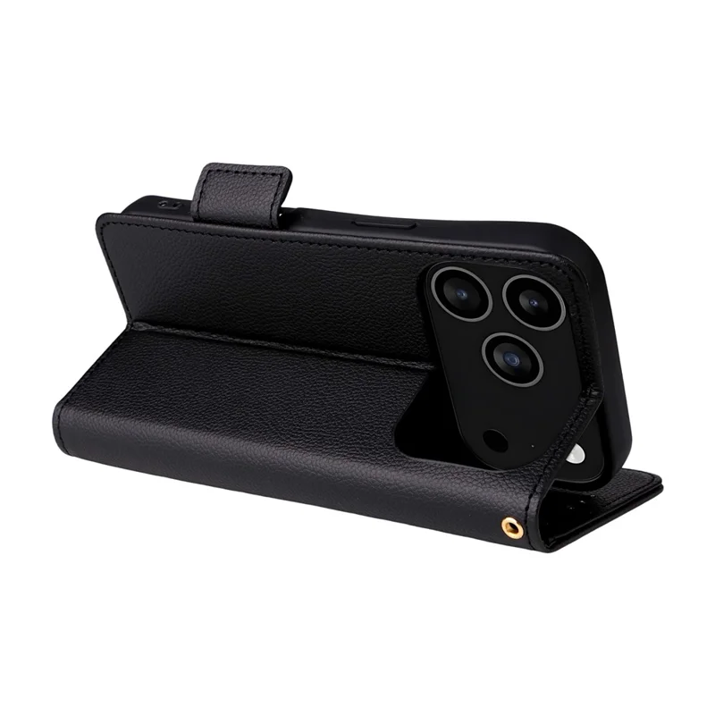 For iPhone 18 Pro / 17 Pro Case with Wrist Strap Litchi Texture PU Leather Wallet Phone Cover - Black