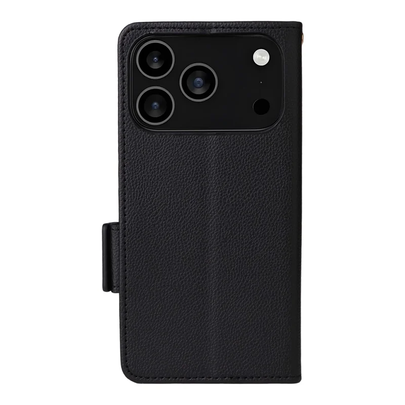 For iPhone 18 Pro / 17 Pro Case with Wrist Strap Litchi Texture PU Leather Wallet Phone Cover - Black