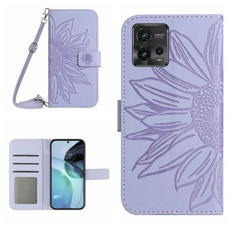 Case de Teléfono de Girasol Impreso Para Motorola Moto G72 5G, Soporte de Cuero PU de Toque de Piel Resistente a Caída Cubierta Magnética Con Correa Para el Hombro - Púrpura Ligera