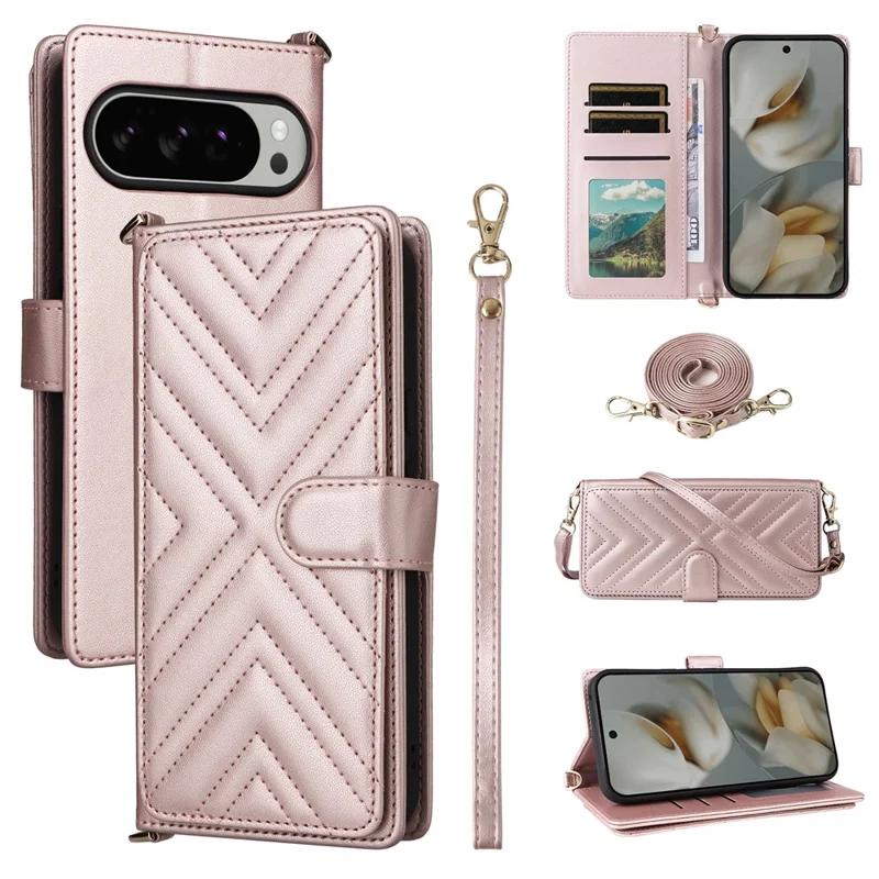 For Google Pixel 10 Pro XL Case with Shoulder  /  Wrist Strap Leather Phone Cover Stand Wallet - Pink