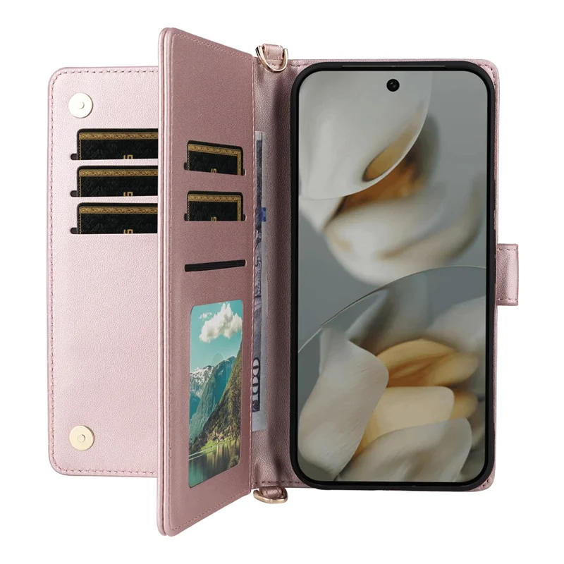 For Google Pixel 10 Pro XL Case with Shoulder  /  Wrist Strap Leather Phone Cover Stand Wallet - Pink