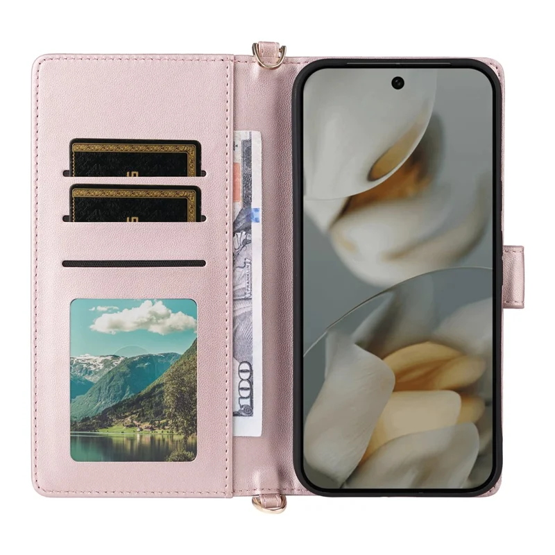 For Google Pixel 10 Pro XL Case with Shoulder  /  Wrist Strap Leather Phone Cover Stand Wallet - Pink