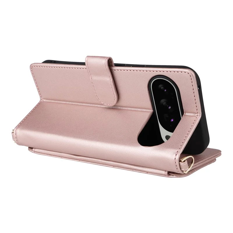 For Google Pixel 10 Pro XL Case with Shoulder  /  Wrist Strap Leather Phone Cover Stand Wallet - Pink