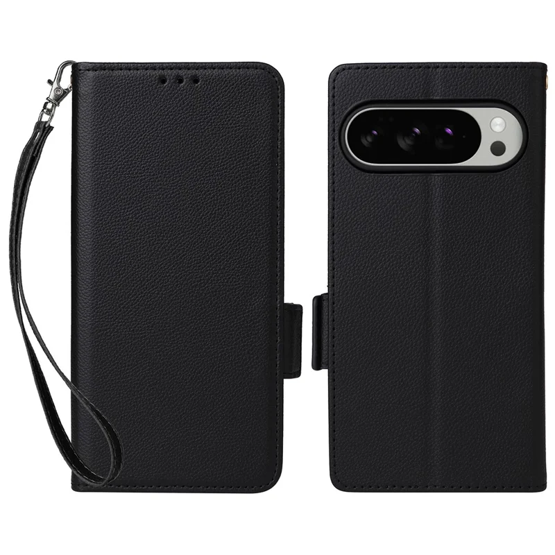 For Google Pixel 10 Pro XL Case with Wrist Strap Litchi Texture PU Leather Wallet Phone Cover - Black