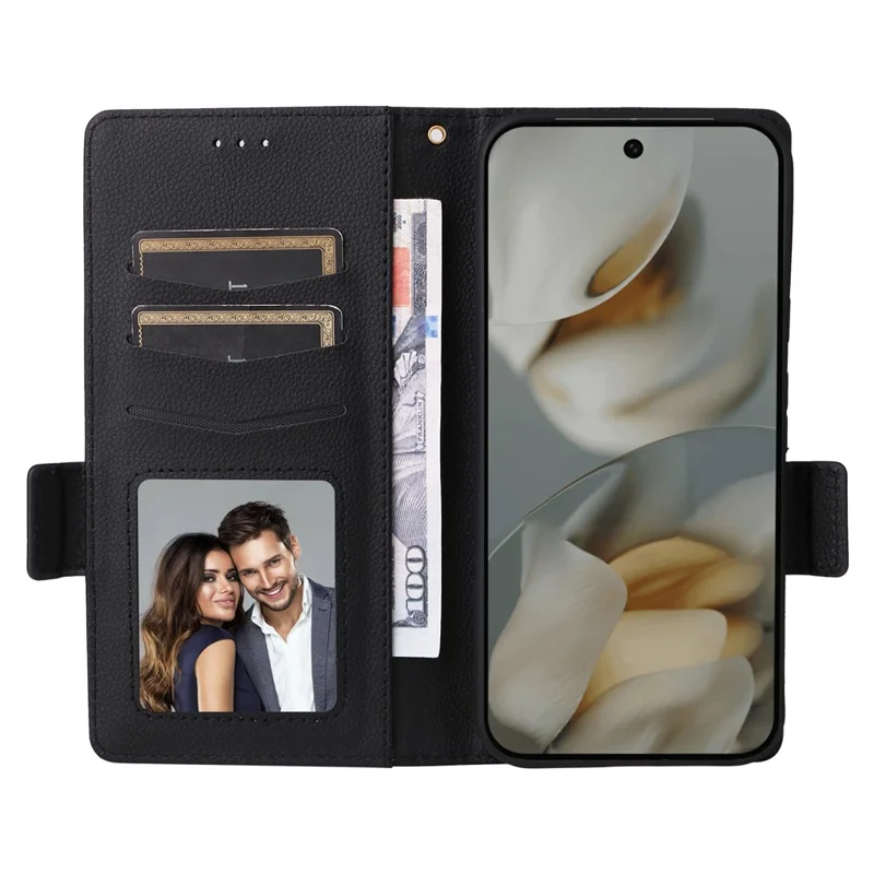 For Google Pixel 10 Pro XL Case with Wrist Strap Litchi Texture PU Leather Wallet Phone Cover - Black