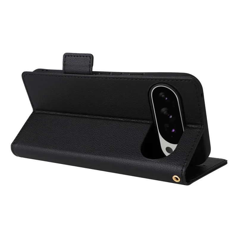 For Google Pixel 10 Pro XL Case with Wrist Strap Litchi Texture PU Leather Wallet Phone Cover - Black