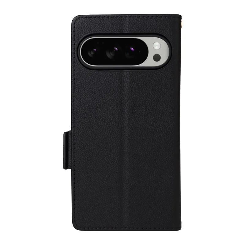 For Google Pixel 10 Pro XL Case with Wrist Strap Litchi Texture PU Leather Wallet Phone Cover - Black