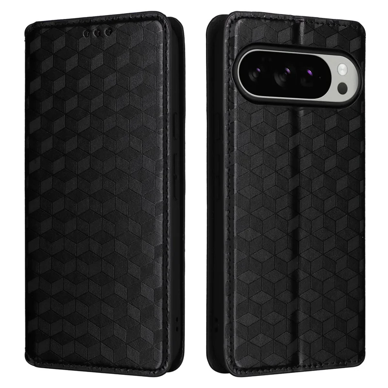 For Google Pixel 10 Pro XL Case Wallet Rhombus Imprinted Leather Phone Cover - Black