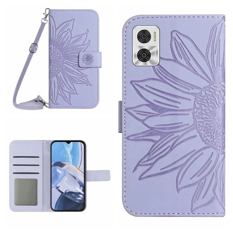 Capa de Telefone Com Girassol Impressa Para Motorola Moto E22 4G / E22i 4G, à Prova de Outono PU PU Stantlet Stand Tape Com Alça de Ombro - Luz Roxa