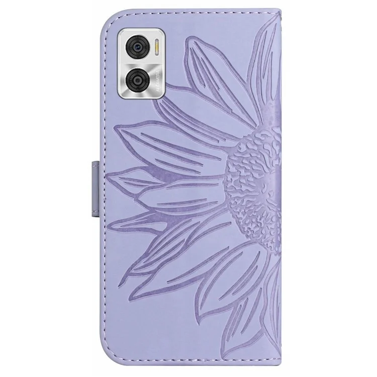 Capa de Telefone Com Girassol Impressa Para Motorola Moto E22 4G / E22i 4G, à Prova de Outono PU PU Stantlet Stand Tape Com Alça de Ombro - Luz Roxa