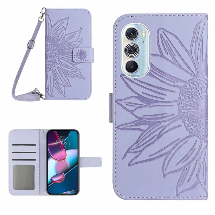 Für Motorola Edge 30 Pro (Motorola Edge+(2022)) Eingeprägte Sonnenblumenhülle Von Sonnenblumen, Gesamtabdeckung Hauttouch PU Leder-brieftasche Magnetabdeckung Mit Schultergurt - Helles Lila