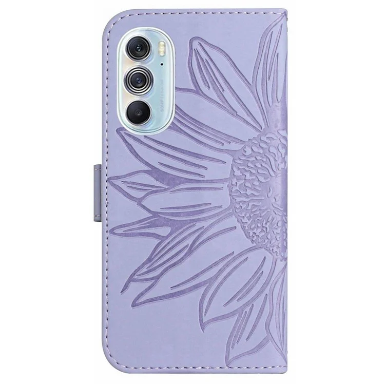 Für Motorola Edge 30 Pro (Motorola Edge+(2022)) Eingeprägte Sonnenblumenhülle Von Sonnenblumen, Gesamtabdeckung Hauttouch PU Leder-brieftasche Magnetabdeckung Mit Schultergurt - Helles Lila