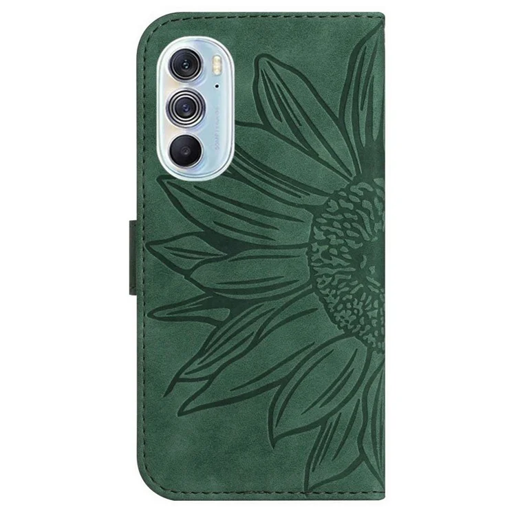 For Motorola Edge 30 Pro (Motorola Edge+ (2022)) Imprinted Sunflower Phone Case, Overall Coverage Skin-touch PU Leather Wallet Stand Magnetic Cover with Shoulder Strap - Dark Green
