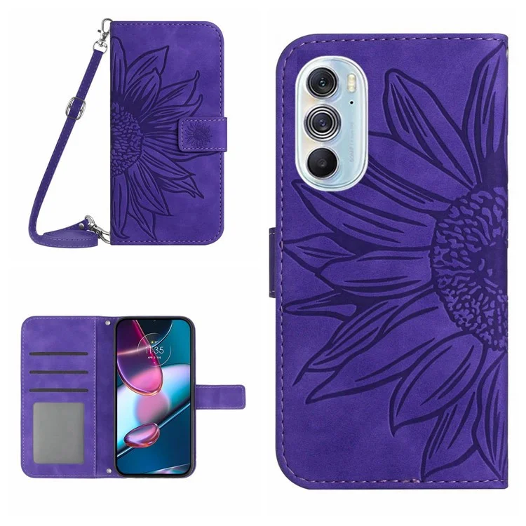 Per Motorola Edge 30 Pro (Motorola Edge+(2022)) Custodia Per Telefono di Girasole Impressa, Copertura Per Portafoglio in Pelle PU Della Copertura Per Pelle Complessiva Con Spallatta Con Spalla - Viola Scuro