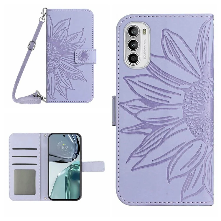 Caixa de Telefone Com Girassol Impressa Para Motorola Moto G62 5G, Carteira Carteira Com Tampa Magnética de Couro PU Com Tampa da Pele Com Alça de Ombro - Luz Roxa
