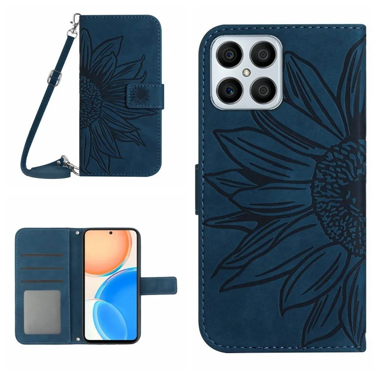 Pour L'honneur X8 4G HT04 Caxe de Téléphone à Tampon à Tacles à Tacle à Peau de Skin à Tampon de Peau à Tampon de Peau à Tampon à Tacle Magnétique Imprimé PU Imprimé Avec Bandoulière Avec Bandoulière - Bleu Foncé