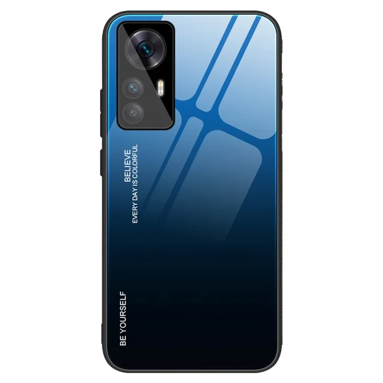 Für Xiaomi 12T Pro 5G Farbverlauf Design Gehärtetes Glas Handyhülle Harte PC Rückseite Farbverlauf Weicher TPU Stoßfänger Kratzsichere Abdeckung - Blau / Schwarz