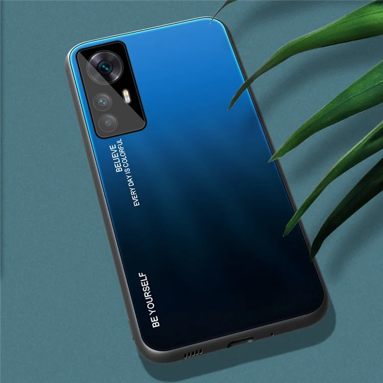 Für Xiaomi 12T Pro 5G Farbverlauf Design Gehärtetes Glas Handyhülle Harte PC Rückseite Farbverlauf Weicher TPU Stoßfänger Kratzsichere Abdeckung - Blau / Schwarz