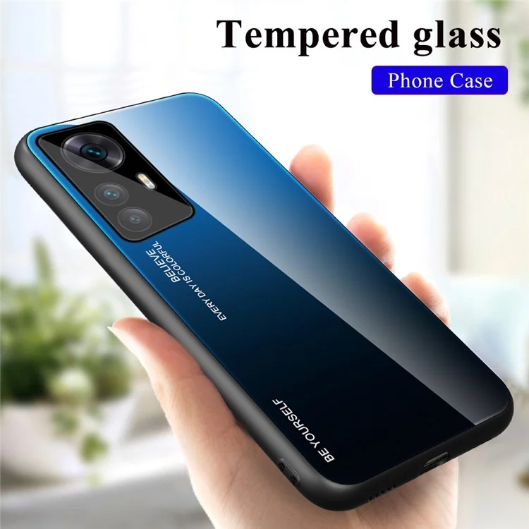 Für Xiaomi 12T Pro 5G Farbverlauf Design Gehärtetes Glas Handyhülle Harte PC Rückseite Farbverlauf Weicher TPU Stoßfänger Kratzsichere Abdeckung - Blau / Schwarz