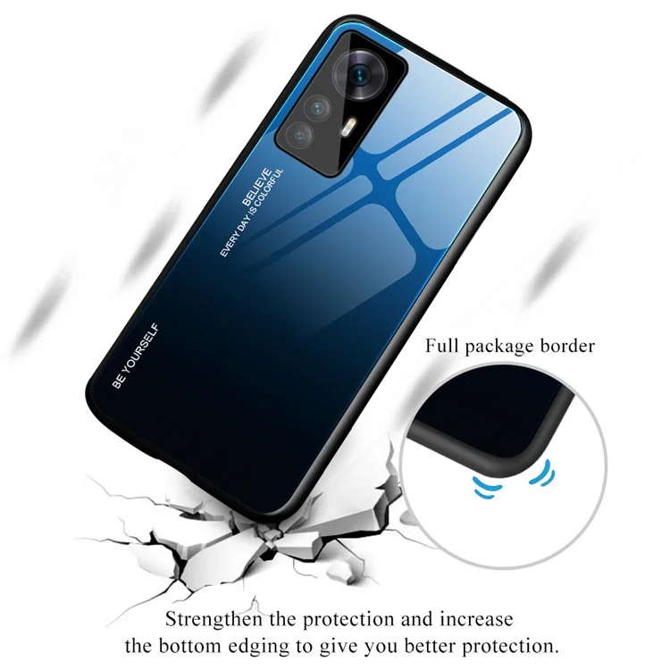 Für Xiaomi 12T Pro 5G Farbverlauf Design Gehärtetes Glas Handyhülle Harte PC Rückseite Farbverlauf Weicher TPU Stoßfänger Kratzsichere Abdeckung - Blau / Schwarz