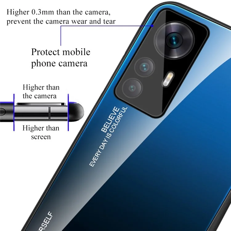 Für Xiaomi 12T Pro 5G Farbverlauf Design Gehärtetes Glas Handyhülle Harte PC Rückseite Farbverlauf Weicher TPU Stoßfänger Kratzsichere Abdeckung - Blau / Schwarz