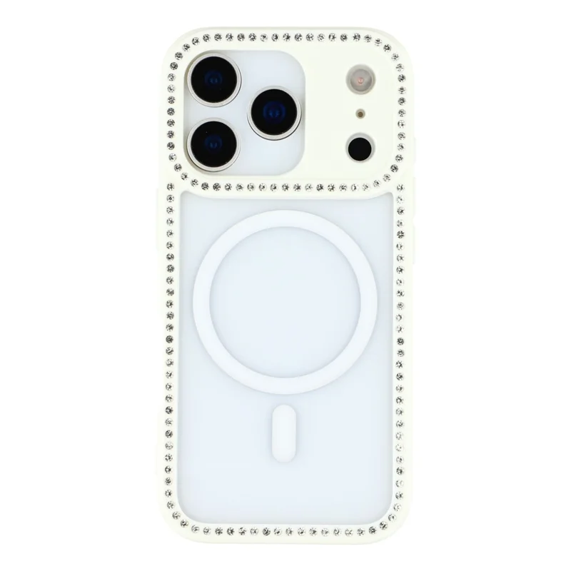 For iPhone 18 Pro / 17 Pro Case Compatible with MagSafe Sparkling Rhinestone Decor TPU + PC Clear Phone Back Cover - White