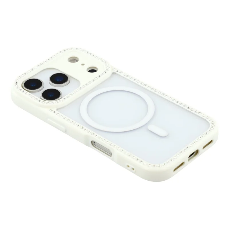 For iPhone 18 Pro / 17 Pro Case Compatible with MagSafe Sparkling Rhinestone Decor TPU + PC Clear Phone Back Cover - White