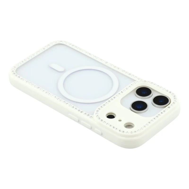 For iPhone 18 Pro / 17 Pro Case Compatible with MagSafe Sparkling Rhinestone Decor TPU + PC Clear Phone Back Cover - White