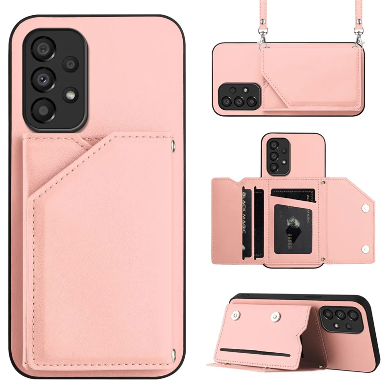 For Samsung Galaxy A33 5G Case Card Holder Kickstand Skin-Touch PU TPU Phone Cover with Shoulder Strap - Pink