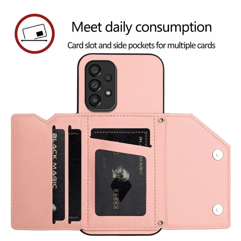 For Samsung Galaxy A33 5G Case Card Holder Kickstand Skin-Touch PU TPU Phone Cover with Shoulder Strap - Pink