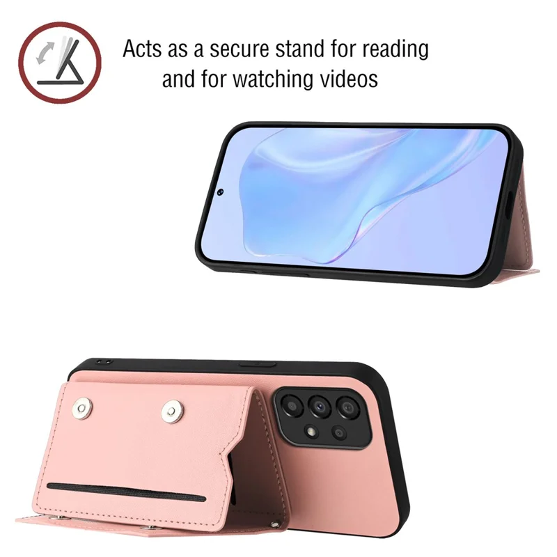 For Samsung Galaxy A33 5G Case Card Holder Kickstand Skin-Touch PU TPU Phone Cover with Shoulder Strap - Pink