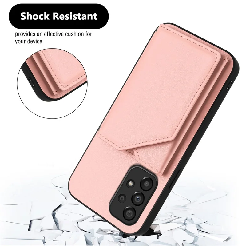 For Samsung Galaxy A33 5G Case Card Holder Kickstand Skin-Touch PU TPU Phone Cover with Shoulder Strap - Pink