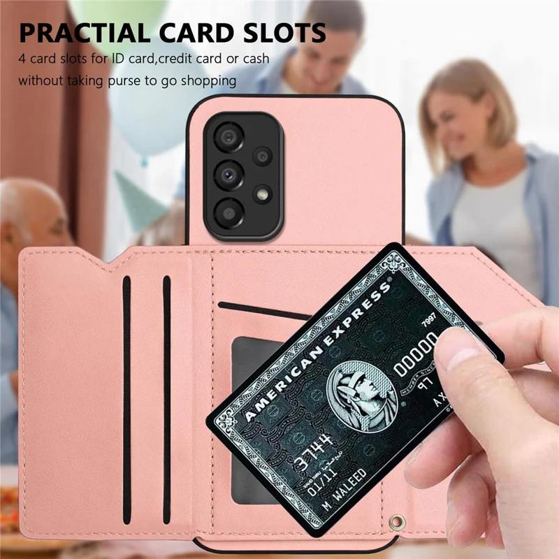 For Samsung Galaxy A33 5G Case Card Holder Kickstand Skin-Touch PU TPU Phone Cover with Shoulder Strap - Pink