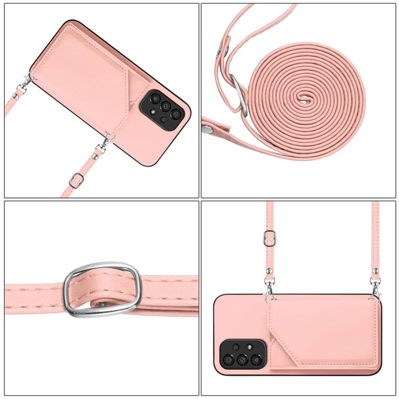 For Samsung Galaxy A33 5G Case Card Holder Kickstand Skin-Touch PU TPU Phone Cover with Shoulder Strap - Pink