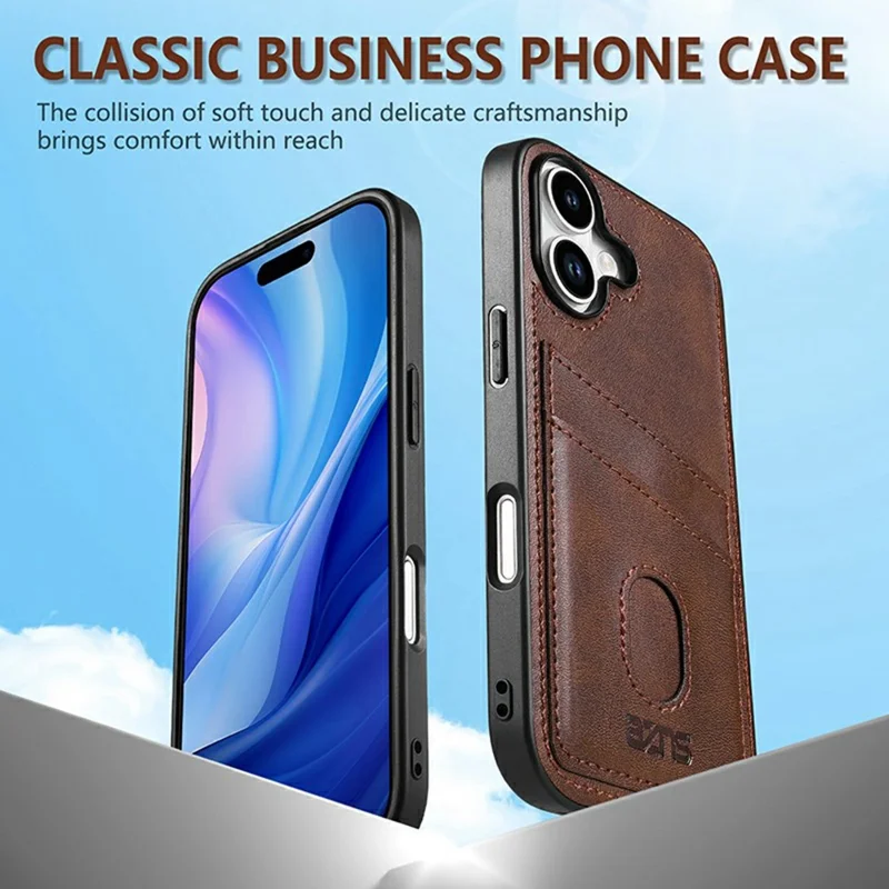 AZNS K1 Series For iPhone 17 Case Calf Texture Anti-Drop PU+TPU Phone Cover with 2 Card Slot - Brown
