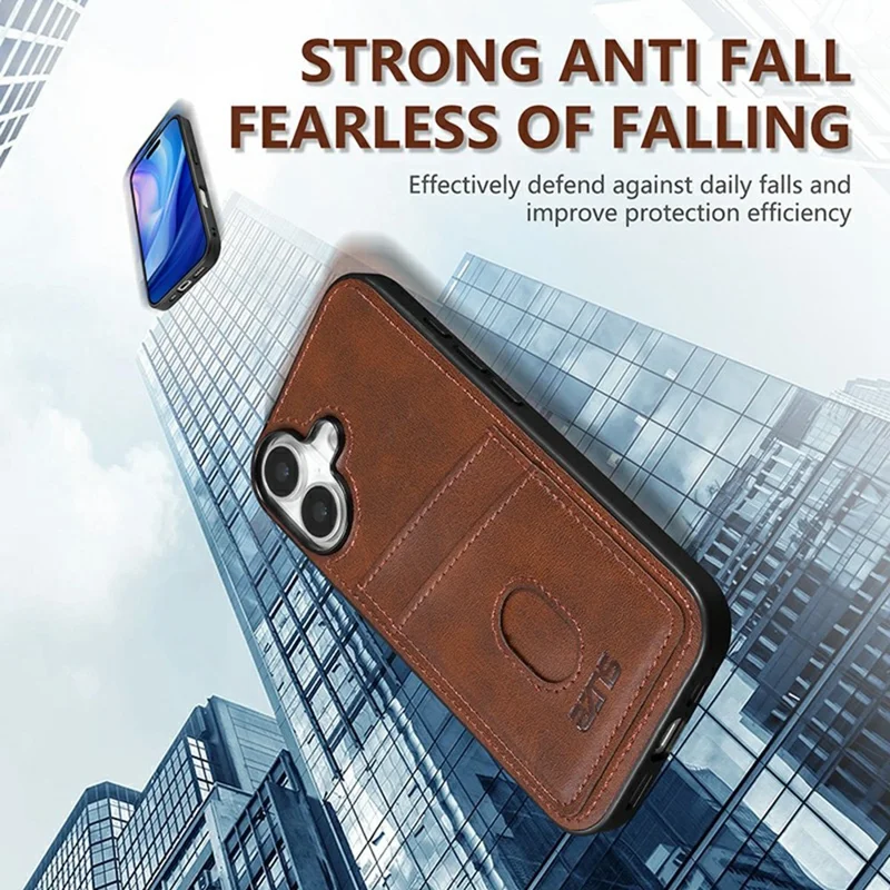 AZNS K1 Series For iPhone 17 Case Calf Texture Anti-Drop PU+TPU Phone Cover with 2 Card Slot - Brown
