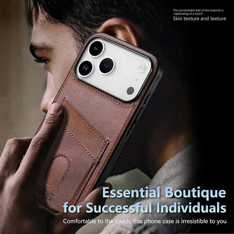 AZNS K1 Series For iPhone 17 Pro Max Case Calf Texture Anti-Drop PU+TPU Phone Cover with 2 Card Slot - Coffee