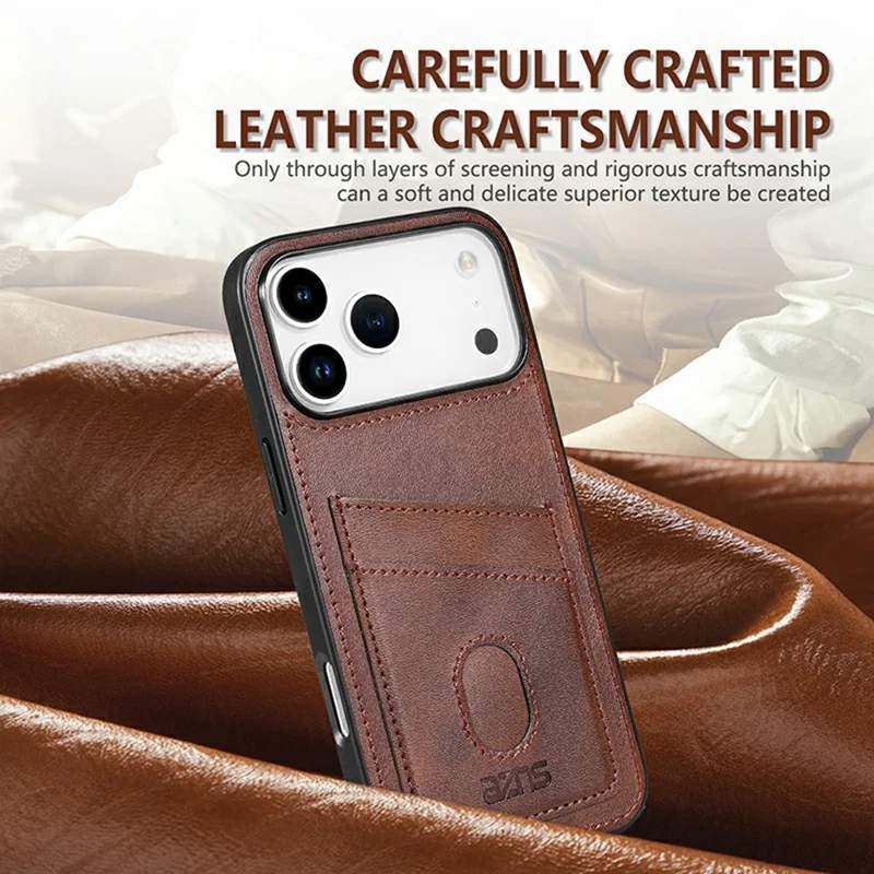 AZNS K1 Series For iPhone 17 Pro Max Case Calf Texture Anti-Drop PU+TPU Phone Cover with 2 Card Slot - Coffee