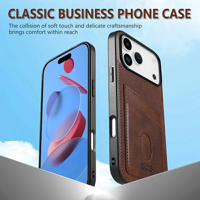 AZNS K1 Series For iPhone 17 Pro Max Case Calf Texture Anti-Drop PU+TPU Phone Cover with 2 Card Slot - Coffee
