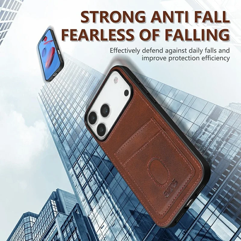 AZNS K1 Series For iPhone 17 Pro Max Case Calf Texture Anti-Drop PU+TPU Phone Cover with 2 Card Slot - Coffee