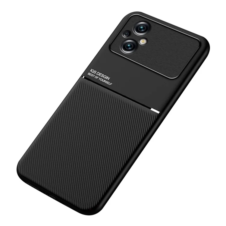 Protezione anti-caduta per la schiena per Xiaomi Poco M5 4G, Shell ibrido in pelle PU con stampa a linee + TPU con lamina in metallo integrata - Nero