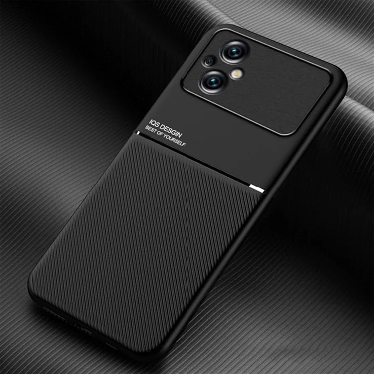 Protezione anti-caduta per la schiena per Xiaomi Poco M5 4G, Shell ibrido in pelle PU con stampa a linee + TPU con lamina in metallo integrata - Nero