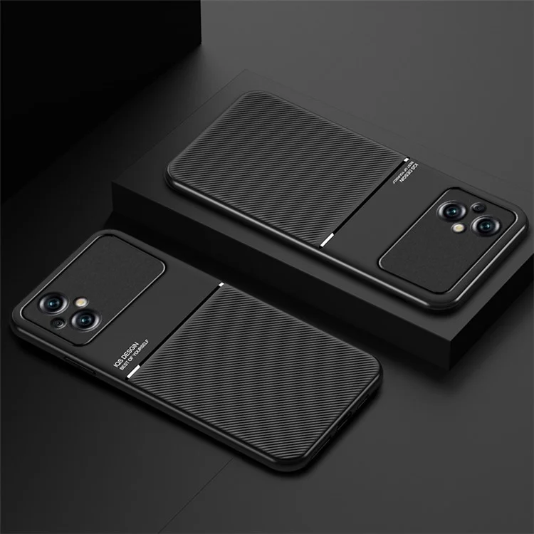 Protezione anti-caduta per la schiena per Xiaomi Poco M5 4G, Shell ibrido in pelle PU con stampa a linee + TPU con lamina in metallo integrata - Nero