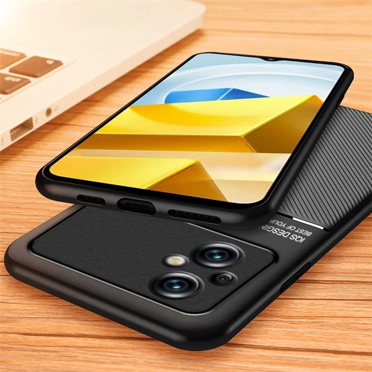 Protecteur de Dos Anti-décompte Pour Xiaomi Poco M5 5G, Lignes en Cuir PU Imprimé + Coque Hybride Tpu Avec Feuille de Métaux Intégrée - Bleu