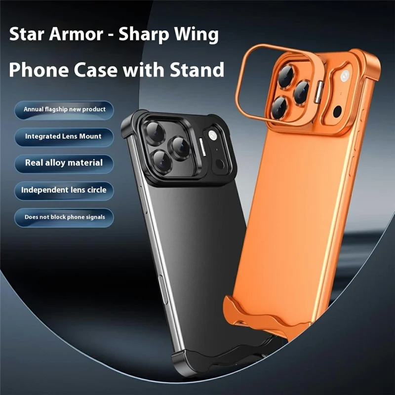 For iPhone 17 Pro Bumper Case Lens Kickstand Heat Dissipating Metal Corner Phone Cover - Orange